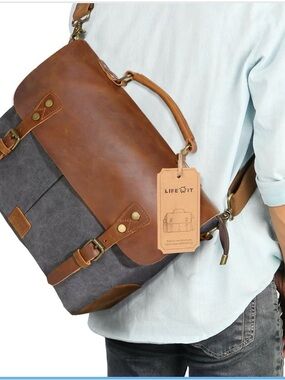 Canvas & Leather Laptop Messenger Bag - Brown/Gray